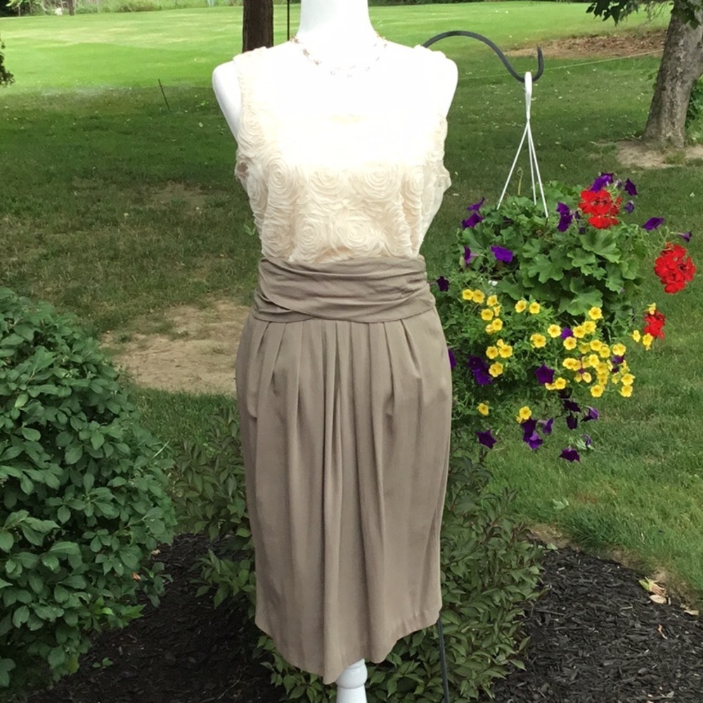 Maren M Skirt Taupe Midi Skirt Elastic Waist Draped Front USA